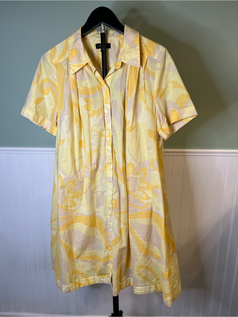 1. State Yellow and Cream Button-Front Short Dress w/Slip Midi Dress. Size M